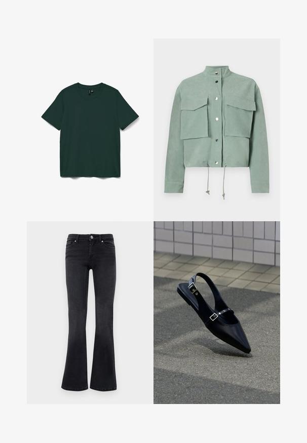 Kurzarmige, cropped, grüne Jacke mit zwei Fronttaschen und Druckknöpfen, ausgestattet mit Kordeln am Saum und einem Stehkragen.; Dunkelgrünes T-Shirt mit kurzen Ärmeln aus weichem Stoff. Verfügt über einen runden Ausschnitt und ein einfaches, gerades Design. Keine Muster oder Verzierungen.; Schwarze Denim Bootcut-Jeans mit vorderem Knopf, Reißverschluss, Gürtelschlaufen und Fünf-Taschen-Design.; Schwarzer Slingback-Flachschuh mit spitz zulaufender Spitze und doppelten Schnallenriemen, ruhend auf grauem Asphalt nahe einer gefliesten Wand.