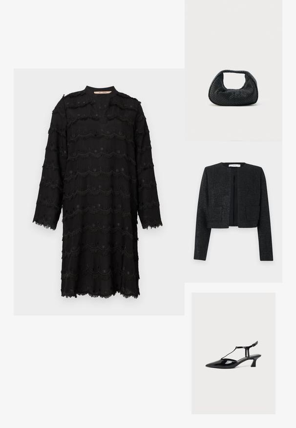 Blazer court texturé noir avec manches longues, devant ouvert et deux poches plaquées à l'avant.; Robe noire à manches longues avec des motifs de broderie à franges et en forme de scallop, décolleté rond avec une fente à l'avant, et ourlet et poignets effilochés.; Chaussure à talon bas en cuir verni noir, bout pointu, bride en T et fermeture à boucle sur fond clair neutre.; Sac hobo tissé noir avec une structure souple et une poignée intégrée, présenté sur un fond clair uni.