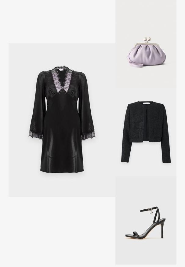 Blazer court texturé noir avec manches longues, devant ouvert et deux poches plaquées à l'avant.; Robe en satin noir avec un décolleté en V profond orné de dentelle lavande, des manches longues avec des accents en dentelle aux poignets, et une finition lisse et élégante.; Sandale à talon haut noire avec une bride étroite à la cheville, bout carré, cuir lisse et accent de boucle métallique.; Pochette lavande douce avec tissu froncé, fermoir kiss-lock argenté et bracelet assorti sur un fond clair uni.