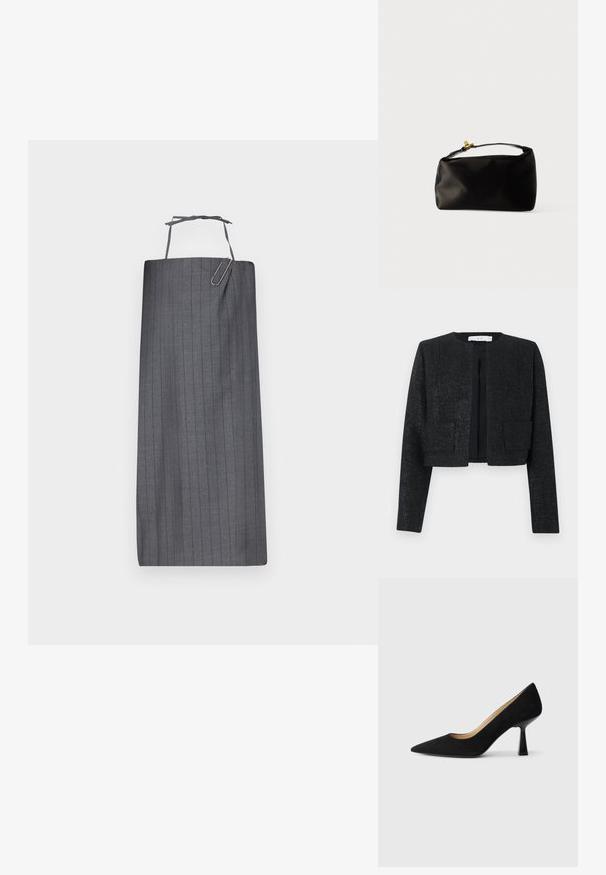 Μαύρο cropped σακάκι με υφή, μακριά μανίκια, ανοιχτό μπροστινό μέρος και δύο μπροστινές τσέπες με πάτσα.; Γκρι ποδιά με λεπτές ρίγες και ίσια γραμμή, με ιμάντα τριγώνου στο λαιμό και διακοσμητική ένταση από χαρτοκόπτη μπροστά. Λείο ύφασμα.; Μαύρη σουέτ γόβα με ψηλό τακούνι και μυτερή μύτη, που διαθέτει γυαλιστερό μαύρο μπλοκ τακούνι και μαλακή εσωτερική επένδυση.; Μαύρη σατέν τσάντα με στρογγυλό σχήμα, χειρολαβή στην κορυφή και χρυσό κούμπωμα. Λείο υλικό με μινιμαλιστικό σχέδιο.