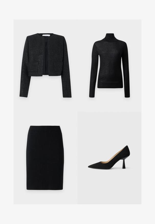 Sort struktureret kort blazer med lange ærmer, åben front og to forlommer.; Sort langærmet turtle neck top lavet af letvægtsstof, med en tætsiddende design og minimale sømdetaljer, velegnet til lagdeling.; Sort knælængde blyantskirt med elastisk talje mod en ensfarvet hvid baggrund.; Sorte ruskinds højhælede pumps med spids tå, der har en blank sort blokhæl og en glat indvendig foring.