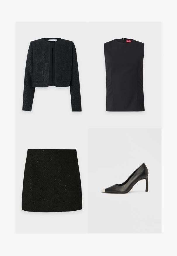 Sort struktureret kort blazer med lange ærmer, åben front og to forlommer.; Sort ærmeløs top med høj hals, frontnerver og en usynlig lynlås i ryggen. Lavet af glat stof med en struktureret pasform.; Sort struktureret mini nederdel med subtile glitrende prikker, lige snit, og uden synlige dekorationer eller mønstre.; Sort læder højhælet sko med spids tå og metal-sølv hætte. Har en glat finish og en slank hæl på 10 cm.