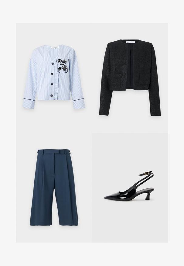 Blazer court texturé noir avec manches longues, devant ouvert et deux poches plaquées à l'avant.; Chemise à manches longues bleu clair et blanc à fines rayures, avec boutons noirs, patte de boutonnage froncée et broderie florale noire sur la poche poitrine.; Pantalon cropped bleu marine à large jambe avec plis avant, passants de ceinture et fermeture avant dissimulée sur un fond uni.; Escarpins à brides arrière en cuir verni noir, à bout pointu, avec un petit talon carré et une sangle de cheville ajustable dotée d'une boucle dorée.