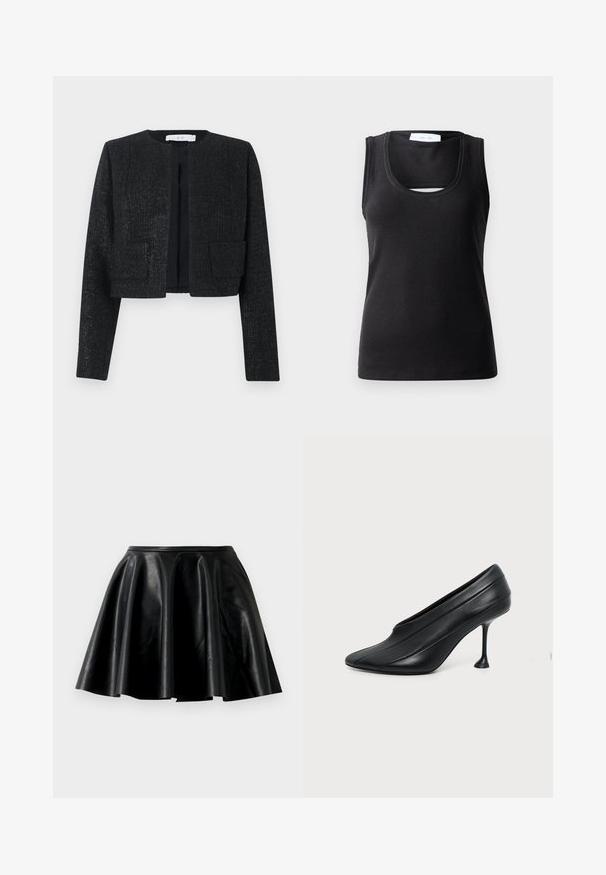 Blazer court texturé noir avec manches longues, devant ouvert et deux poches plaquées à l'avant.; Débardeur sans manches noir en tissu côtelé, avec une encolure dégagée et un petit détail découpé à l'avant pour un design supplémentaire.; Jupe évasée en cuir noir au toucher lisse, avec un ourlet large et une taille ajustée. La surface a un éclat subtil et ne présente aucun embellissement visible.; Chaussure à talon haut en cuir noir avec bout pointu, semelle incurvée et talon stiletto fin évasé sur fond clair uni.