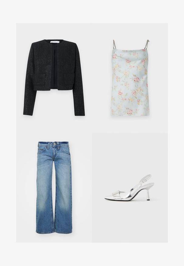 Schwarzer, strukturiert geschnittener Blazer mit langen Ärmeln, offenem Vorderteil und zwei aufgesetzten Taschen vorne.; Rabanne Top - pink/blue/green/yellow; Hellblaue weit geschnittene Jeans aus Denim-Stoff mit einer ausgewaschenen Optik, fünf Taschen und einem Knopfverschluss mit Gürtelschlaufen.; Silberne Slingback-Pumps mit spitz zulaufender Zehenpartie, glänzendem Finish und einem rechteckigen Akzent vorne, ausgestattet mit einem schlanken Absatz und verstellbarem Riemen.