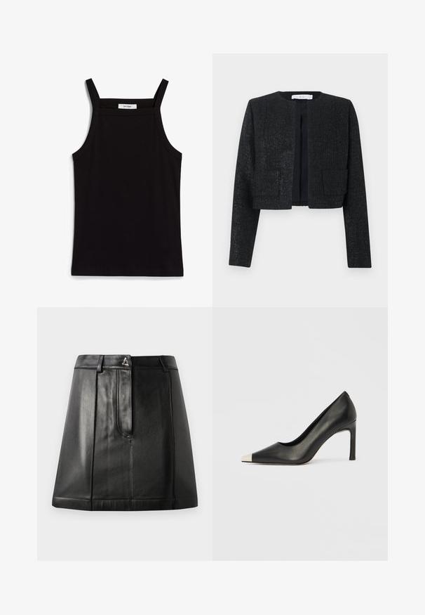 Zwart gestructureerd cropped blazer met lange mouwen, open voorkant en twee opgestikte voorzakken.; Zwarte tanktop met dunne spaghettibandjes, gemaakt van ribstof, met een rechte snit en een label op de hals dat "IVY OAK" zegt.; Zwarte leren rok met een gestructureerde vorm, voorzien van een voorkantzak en een metalen accent op de taille. Gladde textuur en gestikte details.; Zwarte leren hoge hak met een spits toelopende neus en een metalen zilverkleurige kap. Heeft een gladde afwerking en een slanke hak van 10 cm.