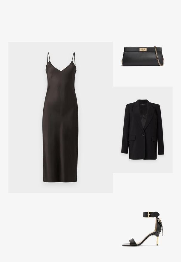 Blazer noir avec un col à pointes, fermeture à un bouton, deux poches avant et un intérieur en satin lisse. Design à coupe droite.; Robe longue en satin noir avec des bretelles fines et ajustables, décolleté en V et une silhouette droite. Texture lisse et design minimaliste.; Sandale à talon en cuir noir avec un bout carré, une bride de cheville dotée d'une boucle en or et un talon métallique fin. Texture lisse, design minimaliste.; Pochette en cuir noir avec fermeture à torsion en métal doré et une bandoulière chaîne assortie dorée.