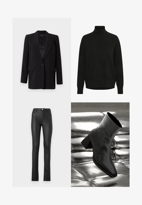 Zwarte blazer met een geknipt revers, enkele knoopsluiting, twee voorkezen en een glad satijnen interieur. Recht model.; Zwarte coltrui met een ontspannen pasvorm, lange mouwen, geribbelde manchetten en een gladde brei-textuur. De zoomlijn is licht gebogen.; Zwarte neplederen broek met een slim fit, voorzien van een knopsluiting aan de voorkant, twee voorkeepockets en een licht uitlopende zoom aan de onderkant.; Zwarte enkellaarsjes van glanzend materiaal met een vierkante neus en taps toelopende hak, afgezet tegen een glanzende zilveren gecapitonneerde achtergrond.