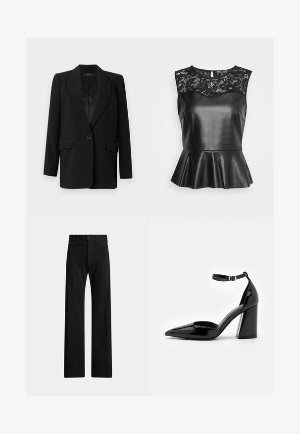 Zwarte blazer met een geknipt revers, enkele knoopsluiting, twee voorkezen en een glad satijnen interieur. Recht model.; Anna Field Blouse - black; Zwarte broek met rechte pijpen, riemlussen, knoop aan de voorkant en ritssluiting op een witte achtergrond.; Zwarte lakleren hoge hak met een spitse neus, enkelbandje en brede blokhak voor stabiliteit, met een gladde glanzende textuur.