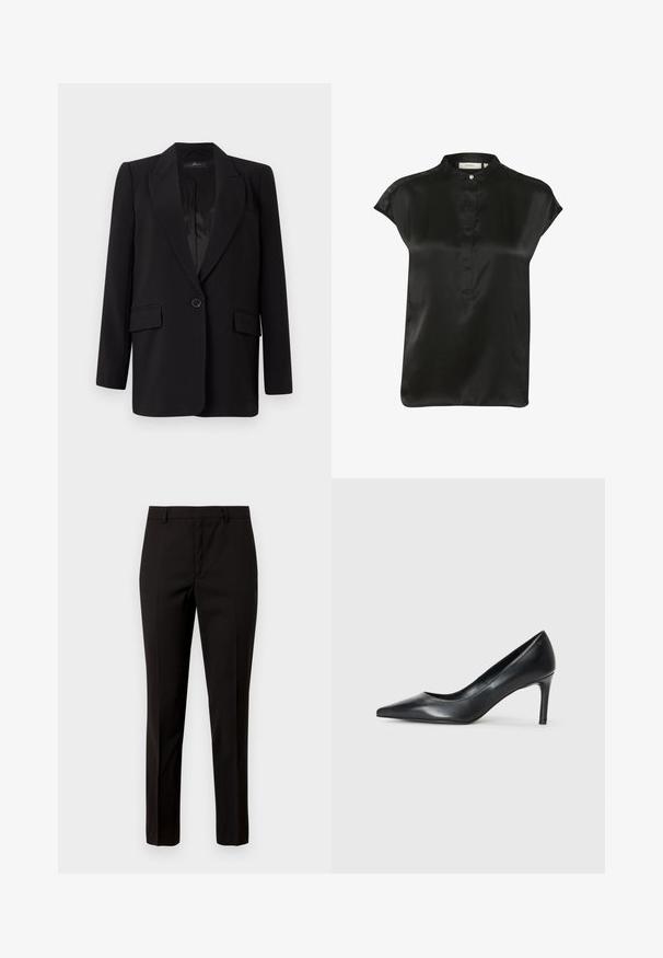 Blazer negro con solapa muesca, cierre de un botón, dos bolsillos frontales y un interior de satén suave. Diseño recto.; Blusa de seda negra con cuello mandarín, mangas cortas tipo capa y una tapeta frontal con un solo botón. Textura suave y ajuste entallado.; Pantalones negros a medida con diseño de pierna recta, hechos de una tela suave, con frente plano y trabillas para cinturón. Sin patrones ni acentos visibles.; Zapato de tacón negro de cuero con punta afilada y un tacón delgado, textura suave y sin adornos visibles. Diseño limpio con una estética minimalista.