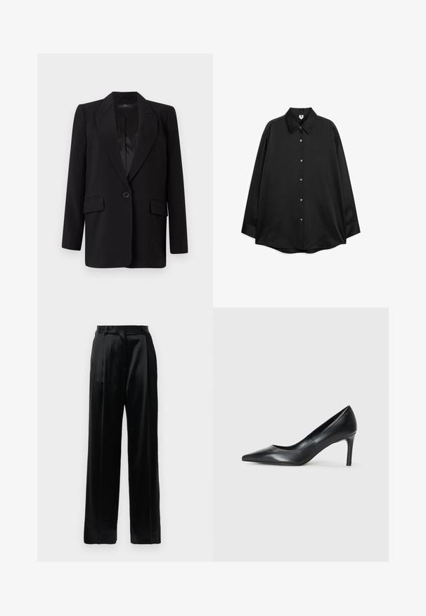 Schwarzer Blazer mit Reverskragen, einem Knopfverschluss, zwei vorderen Taschen und einem glatten Satin-Innenfutter. Geradliniger Schnitt.; Schwarzes Langarmhemd mit Knopfleiste, klassischem Kragen, lockerer Passform und schlichtem Design, flach auf weißem Hintergrund präsentiert.; Schwarze, hochtaillierte Satinhosen mit geraden, weiten Beinen, Gürtelschlaufen und einem flachen Frontverschluss vor einem schlichten weißen Hintergrund.; Schwarze Leder-Pumps mit spitzem Zehenbereich und schmalem Absatz, glatter Textur und ohne sichtbare Verzierungen. Sauberes Design mit minimalistischem Ästhetik.