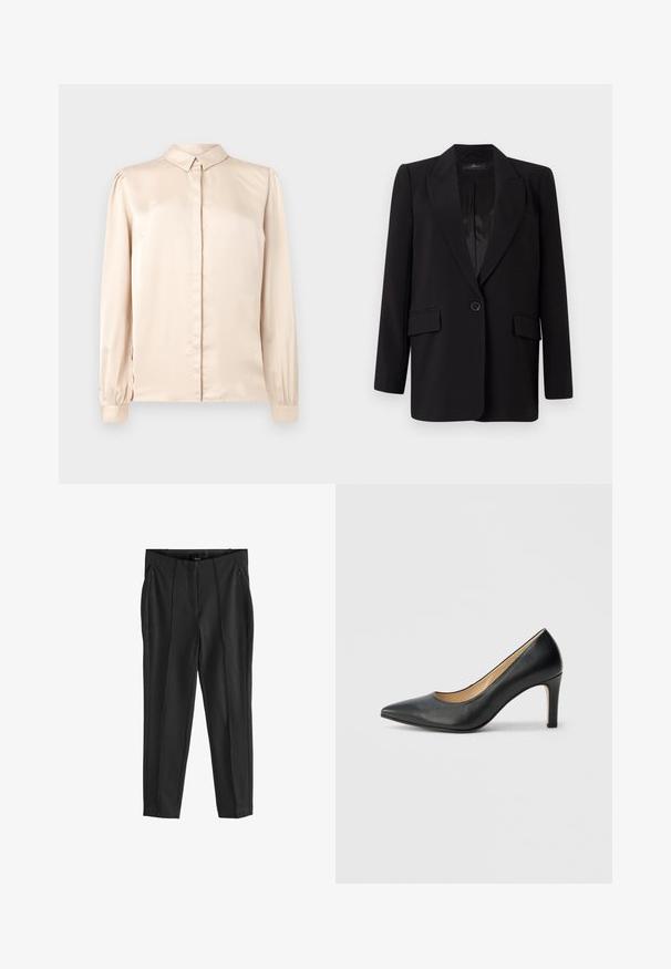 Sort blazer med klapkrave, enkelt knaplukning, to frontlommer og en glat satinindvendig. Lige snit.; Beige satin skjorte med lange ærmer, knap- og krave, front placket og samlede puffærmer ved manchetterne. Glat, skinnende tekstur.; Sorte tapered bukser med en glat tekstur, der har to forreste lynlås lommer og fold i fronten for en struktureret design.; Sort læder højhælet sko med spids tå og slank hæl, der har en glat tekstur og minimalistisk design.