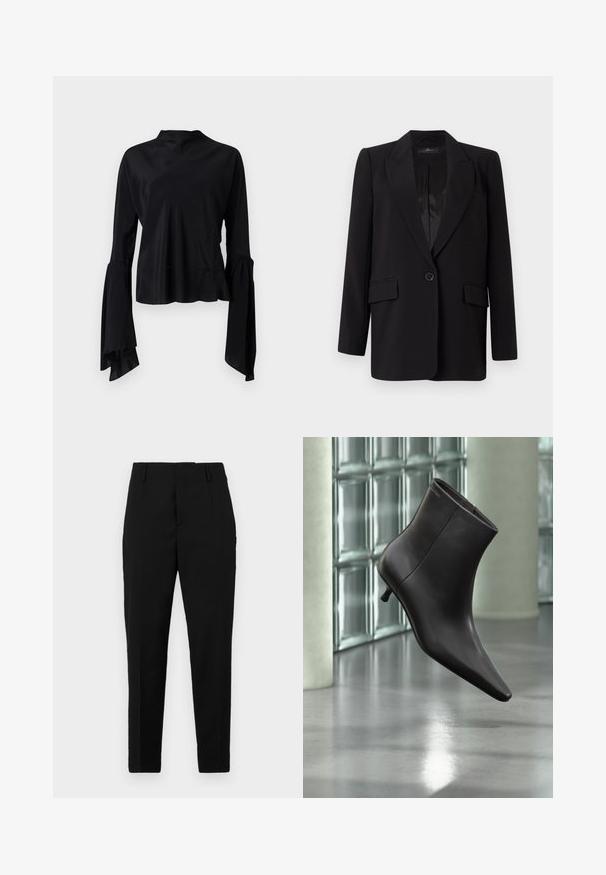 Sort blazer med klapkrave, enkelt knaplukning, to frontlommer og en glat satinindvendig. Lige snit.; Sort langærmet bluse lavet af glat stof, med høj halsudskæring og flagrende ærmer med pyntede detaljer ved manchetterne.; Sorte bukser med en skræddersyet pasform, der har sidelommer, en glat tekstur og et strømlinet design, der bliver smalere mod anklerne.; Sort læderankelstøvle med spids tå og lille hæl vist mod en væg af glasblokke og poleret gulv baggrund.