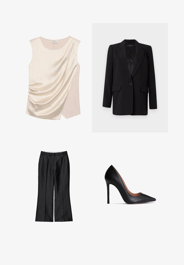 Blazer noir avec un col à pointes, fermeture à un bouton, deux poches avant et un intérieur en satin lisse. Design à coupe droite.; Top sans manches en satin crème au design drapé, présentant une texture lisse et un panneau contrastant d'une teinte plus claire sur le côté.; Pantalons larges noirs en tissu léger, avec une texture lisse, un devant plissé et une taille ajustée.; Escarpin en cuir noir à talon haut avec une pointe fine et une texture lisse. Il présente une fine talonnette et un design de voûte surélevée.