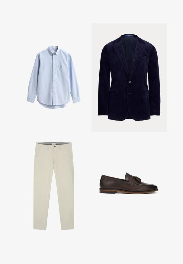 Mørk navyblå manligt corduroy blazer med hakkede revers, to forlommer med klap, en brystlomme og lukning med en enkelt knap.; Lyseblå bomuldsskjorte med knapper. Har en brystlomme, lange ærmer og en klassisk krave. Glat tekstur med afrundet kant.; Lys beige chinos med lige pasform, lavet af blødt bomuldsstof. Har bæltestropper, forlommer og en enkelt baglomme.; Mørkebrun læderloafer med en glat tekstur, dekorative kvaster og en kontrasterende brun sål. Klassisk slip-on design.