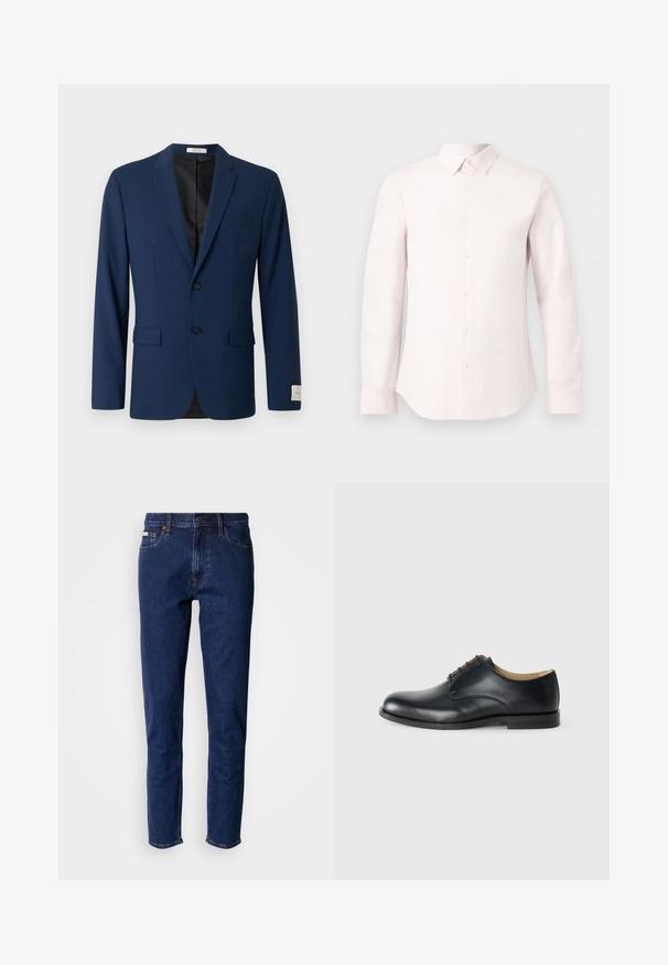 Blazer homme bleu marine avec deux boutons sur le devant, revers crantés, poches à rabat et une poche poitrine passepoilée, présenté sur fond blanc.; Chemise à manches longues rose clair avec boutons, col pointu et poignets boutonnés, présentée sur un fond blanc uni.; Jean en denim bleu foncé avec coupe droite, comprenant cinq poches, rivets en cuivre, et une taille classique avec une fermeture par bouton.; Calvin Klein ESS DERBY - Derbies - triple black