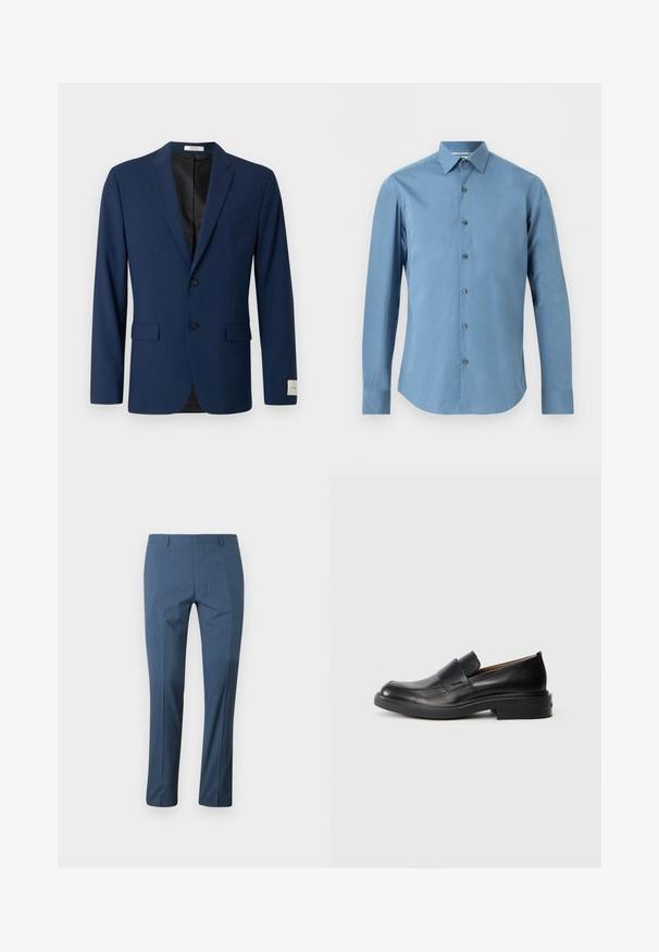 Blazer homme bleu marine avec deux boutons sur le devant, revers crantés, poches à rabat et une poche poitrine passepoilée, présenté sur fond blanc.; Chemise habillée homme à manches longues en bleu clair uni avec patte de boutonnage devant et col pointu, présentée sur un fond uni.; Pantalon bleu pour homme, coupe ajustée avec passants pour ceinture, présenté à plat sur fond blanc.; Chaussure habillée noire en cuir, à enfiler, avec un petit talon et un logo Calvin Klein discret sur le côté, présentée de profil sur un fond blanc.