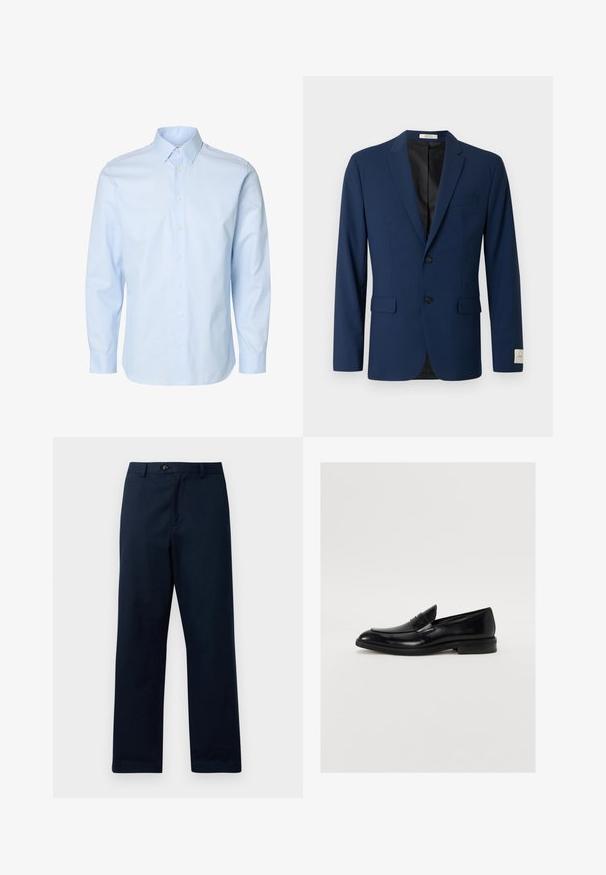 Navyblå herreblazer med to forreste knapper, notch revers, lommer med klap og en brystlomme, vist mod en hvid baggrund.; Lyseblå herreskjorte med lange ærmer, knapper foran og almindelig krave på hvid baggrund.; Marineblå, lige bukser lavet af bomuldsblandingsstof. Har lynlås foran, knaplukning og bæltestropper. Glat tekstur.; Sorte læder loafers med rund tå, subtil syning og en glat overflade. Har en lav stablet hæl og en strop over vamsen.
