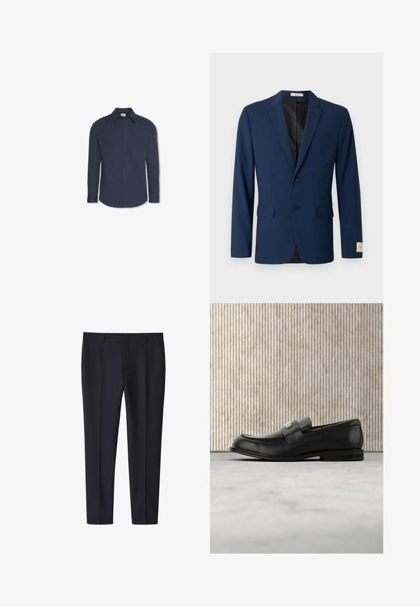 Marineblauer Herrenblazer mit zwei vorderen Knöpfen, Kerb-Revers, Pattentaschen und einer Brustleistentasche, vor weißem Hintergrund gezeigt.; Marineblaues Hemd mit langen Ärmeln, Knöpfen, Kragen und Manschetten, mit einem Calvin Klein Etikett im Kragen.; Marineblaue, schlank geschnittene formelle Hose mit Gürtelschlaufen und Seitentaschen, mit Bügelfalte vorne, geeignet für Business- oder formelle Anlässe.; Schwarzer Lederloafer mit einer Metallmarkenplatte, der nahe einem braunen runden Tisch auf beigem Teppichboden ruht.