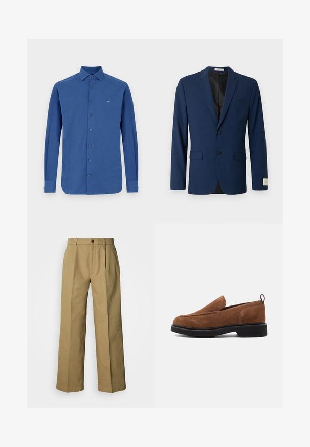 Blazer de hombre azul marino con dos botones delanteros, solapas con muesca, bolsillos con solapa y un bolsillo de ojal en el pecho, mostrado sobre un fondo blanco.; Camisa azul de manga larga hecha de algodón, con un cierre frontal de botones, un cuello clásico y un sutil bordado del logo en el pecho.; Pantalones anchos de pierna beige hechos de algodón, con cierre de botón en el frente, tres pliegues y dobladillos rectos para un ajuste cómodo.; Zapatos de ante marrón tipo slip-on con punta redondeada, suela de goma negra y un pequeño tacón. Presentan un diseño de costura decorativa en la parte superior.