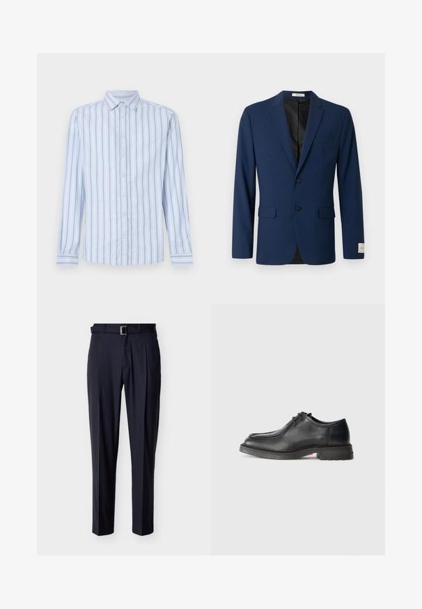 Navyblauwe herenblazer met twee voorste knopen, notch revers, klepzakken en een borstzak, getoond tegen een witte achtergrond.; Lichtblauw overhemd met lange mouwen, voorzien van witte en marineblauwe verticale strepen, met button-down kraag en knoopsluiting aan de voorkant. Frisse stoftextuur.; Marineblauwe pantalon met krijtstreep, op maat gemaakt, met een bijpassende riem en een zilveren rechthoekige gesp, plat liggend op een lichte achtergrond.; Zwarte leren schoen met een gladde textuur, ronde neus en ondiepe gestikte versiering. Dikke rubbere zool met een lichte hak en grip patroon.