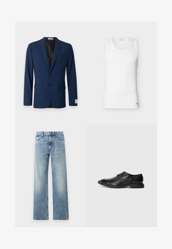 Navyblå herreblazer med to forreste knapper, notch revers, lommer med klap og en brystlomme, vist mod en hvid baggrund.; Hvid ribbet ærmeløs tanktop med rund halsudskæring og lille Calvin Klein-logo mærke nær kanten på ensfarvet baggrund.; Lyseblå denim jeans med lige ben, højt talje, fem lommer, knaplukning og diskrete falmede områder på lår og knæ.; Sort læder herresko med glat overflade, spids tå, seks snørrehuller og lav, rektangulær hæl. Diskret brandingdetalje på siden.