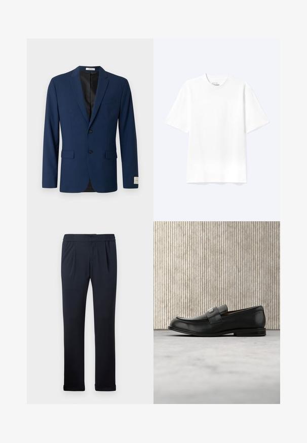 Navyblauwe herenblazer met twee voorste knopen, notch revers, klepzakken en een borstzak, getoond tegen een witte achtergrond.; Effen witte T-shirt met korte mouwen en ronde hals, met een losse pasvorm, weergegeven op een lichte achtergrond.; Marineblauwe broek gemaakt van zachte stof, met een elastische tailleband, plooien aan de voorkant en cuffs aan de onderkant. Glad oppervlak, minimalistisch ontwerp.; Zwarte leren loafer met een metalen merktekenplaatje, rustend bij een bruine ronde tafel op een beige tapijtvloer.