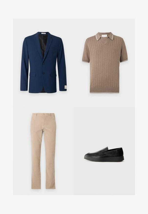 Navyblå herreblazer med to forreste knapper, notch revers, lommer med klap og en brystlomme, vist mod en hvid baggrund.; Brun kortærmet strikket polo skjorte med vertikale ribber, hvide striber på krave og ærmekant og V-hals krave.; Beige bomuldsfløjl bukser med lige ben, med knaplukning, fem lommer og glat tekstur.; Calvin Klein HYBRID CUP - Loafers - triple black