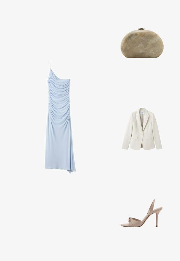 Blazer ajusté couleur crème avec revers à cran, fermeture à un bouton et trois poches frontales, présenté sur un fond blanc.; Robe de soirée bleu clair à une épaule avec des détails de tissu froncé et une longue jupe fluide.; Sandale beige à talon haut à bout ouvert avec fines brides et petit nœud décoratif sur le devant, style slingback et talon aiguille.; Petit sac pochette rigide beige marbré avec une forme arrondie et une fermeture à clip dorée sur le dessus.
