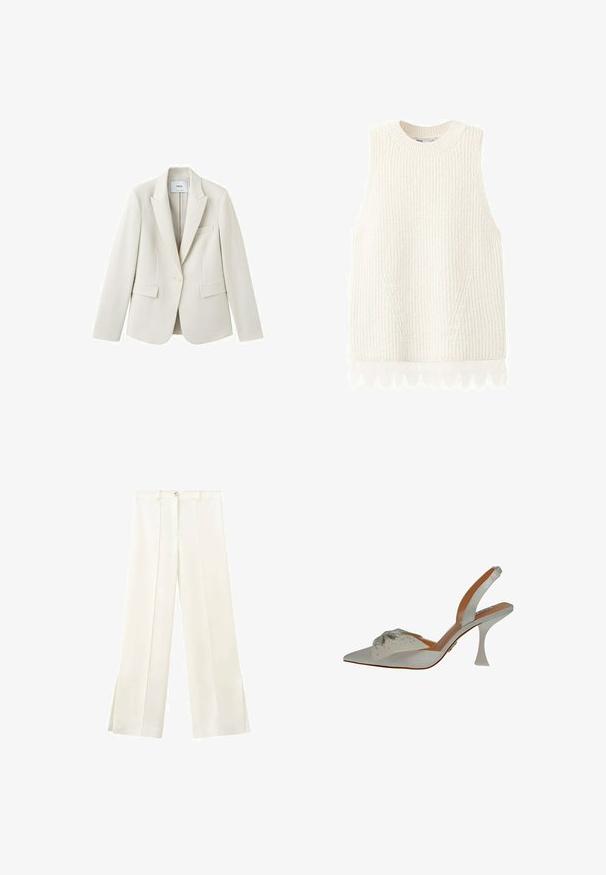 Blazer ajusté couleur crème avec revers à cran, fermeture à un bouton et trois poches frontales, présenté sur un fond blanc.; Gilet sans manches en maille blanche avec une texture côtelée et une délicate bordure en dentelle à l'ourlet.; Pantalon blanc taille haute à jambes larges avec un bouton à l'avant, des passants pour ceinture, et des coutures latérales s'étendant jusqu'à de petites fentes à l'ourlet.; Chaussure slingback en satin blanc, à bout pointu, ornée de perles argentées. Présente un talon fin et transparent, ainsi qu'un détail décoratif texturé sur le dessus.