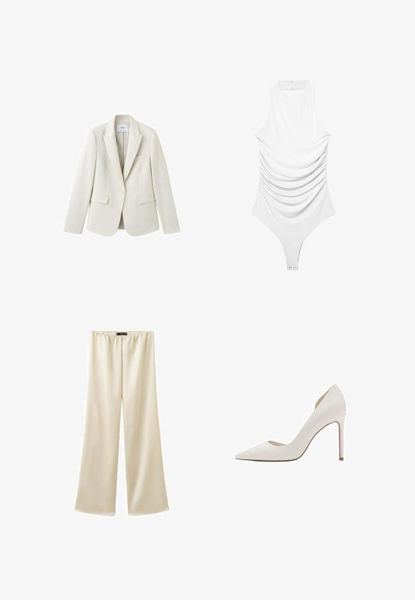 Blazer ajusté couleur crème avec revers à cran, fermeture à un bouton et trois poches frontales, présenté sur un fond blanc.; Body blanc sans manches avec col montant, côtés froncés, ouverture dans le dos avec bouton et pressions à l'entrejambe.; Pantalon à jambes larges couleur crème avec taille élastique, fabriqué à partir d'un tissu doux et fluide, conçu pour un port décontracté et confortable.; Escarpin blanc à bout pointu avec un talon aiguille fin et une finition en cuir lisse.