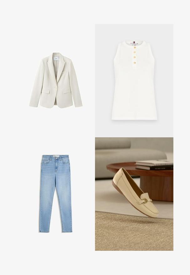 Crèmewitte op maat gemaakte blazer met notch-revers, éénknopsluiting en drie voorzakken, weergegeven op een witte achtergrond.; Wit mouwloos topje van katoen met een ronde hals en een voorzijde met vier goudkleurige knopen. Glad textuur, casual ontwerp.; Lichtblauwe denim jeans met een hoge taille, smalle pijpen, voorzakken en een ritsluiting. De stof toont een subtiele vervaging.; Roomkleurige leren mocassinschoen met een platte beige zool en een decoratieve gouden kettingaccent op het bovenwerk.