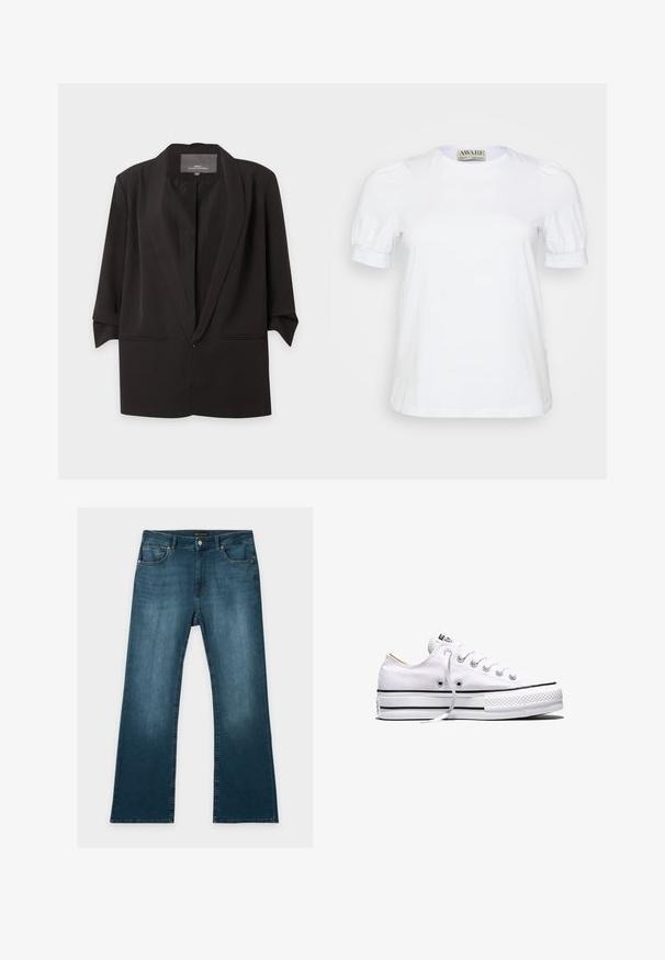 Sort åben blazer med hak-kraver, trekvartlange ærmer og to forlommer med slidser, vist mod en hvid baggrund.; Hvid kortærmet t-shirt lavet af bomuld, med rund halsudskæring og pufærmer med elastiske manchetter. Simpelt og klassisk design.; Blå jeans med lige ben, foran- og baglommer, knap- og lynlåslukning og subtile falmede detaljer på lår og knæ.; Hvid lavtop lærredssneakers med hvide snørebånd, sorte striber på sålen og gummieret tekstureret tåhætte, sidevendt på hvid baggrund.