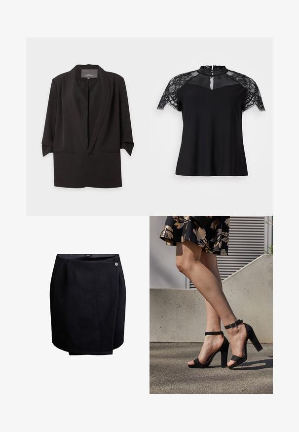 Blazer noir ouvert à l’avant avec revers crantés, manches trois-quarts et deux poches fendues à l’avant, présenté sur fond blanc.; Haut noir avec un col en dentelle haut et des manches courtes en dentelle, doté d'un détail en forme de trou de serrure au niveau du décolleté et d'un corps en tissu lisse.; Jupe noire enveloppante avec une fermeture à bouton sur le côté, fabriquée en tissu lisse, arrivant au genou avec un léger détail de superposition.; Des sandales à talons hauts en suede noir présentent une bride de cheville avec une boucle, un design à bout ouvert et un talon épais. Texture lisse et style minimaliste.
