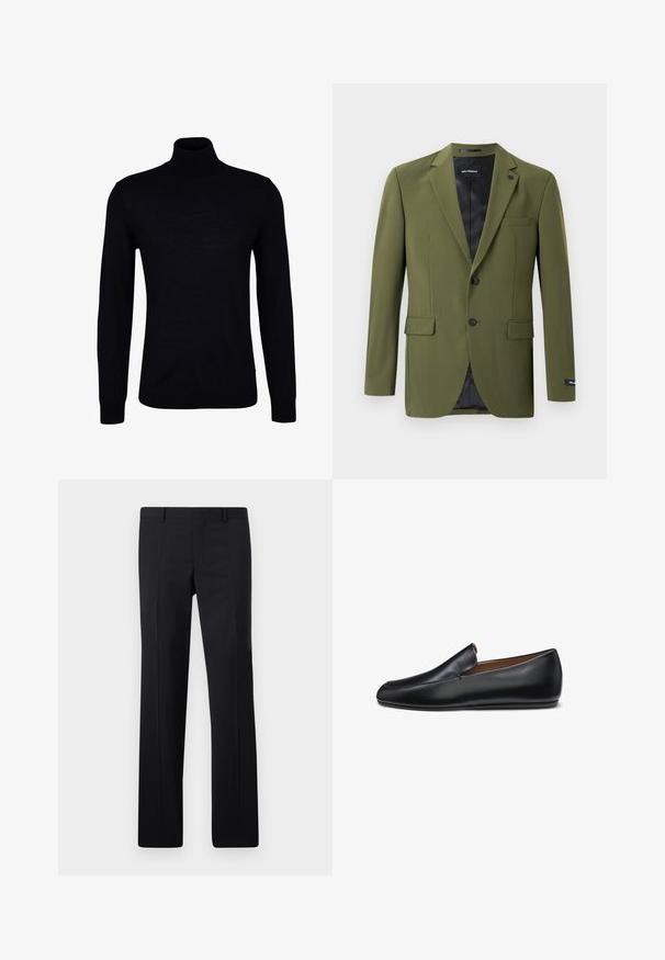 Oliven grøn herreblazer med to sorte knapper, spidse revers, to forreste klaplommer, brystlomme og sort foring.; Sort turtleneck sweater i glat strikstof. Har lange ærmer, en tætsiddende hals og ribbede manchetter og kant for en tætsiddende pasform.; Sorte skræddersyede bukser med et lige ben design, skarpe folder og en glat overflade. Fremstillet af letvægtsstof med en ren talje.; Sort læder slip-on loafer med et elegant, minimalistisk design og rundet tå, vist i profil mod en hvid baggrund.