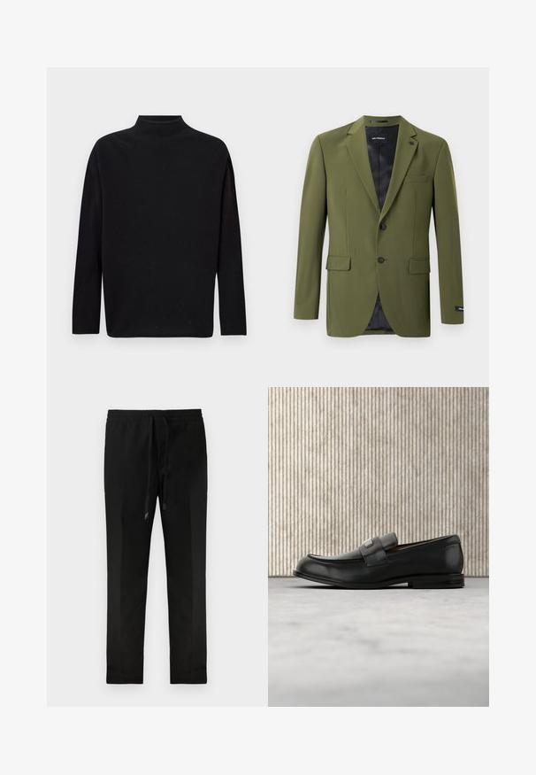 Oliven grøn herreblazer med to sorte knapper, spidse revers, to forreste klaplommer, brystlomme og sort foring.; Sort turtleneck sweater, lavet af blødt strikket materiale, med lange ærmer, afslappet pasform og høj halsudskæring. Ingen synlige mønstre eller hardware.; Sorte tapered bukser med elastisk talje og snor. Glat stof, minimalistisk design, ingen synlige lommer eller mønstre.; Sort læderloafer med metalbrandskilt hvilende nær et brunt rundt bord på beige tæppe.