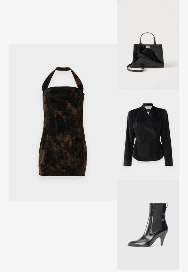 Sort wrap-jacket i tekstureret stof med subtil glans, lange ærmer og en tætsiddende silhuet; ingen synlige lukninger.; Brun fløjls halterneck kjole med en tætsiddende form og abstrakt mønster. Tekstureret stof og firkantet udskæring.; Sort, blanklæder ankelstøvle med spids tå, elastisk sidepanel, pull-tab bagpå og en mid-højde konisk hæl.; Sort håndtaske i laklæder med afrundede håndtag, aftagelig skulderrem og sølvspænde på ensartet hvid baggrund.