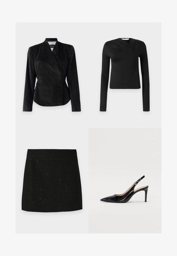 Sort wrap-jacket i tekstureret stof med subtil glans, lange ærmer og en tætsiddende silhuet; ingen synlige lukninger.; Sort langærmet top med en omslagsdesign, lavet af glat stof. Har en cropped længde og en V-formet udskæring. Ingen mønstre eller accenter.; Sort struktureret mini nederdel med subtile glitrende prikker, lige snit, og uden synlige dekorationer eller mønstre.; Sort patenteret læder slingback stiletto med spids tå, slank hæl og et subtilt udskæringsdesign. Har en gylden spænde på remmen.