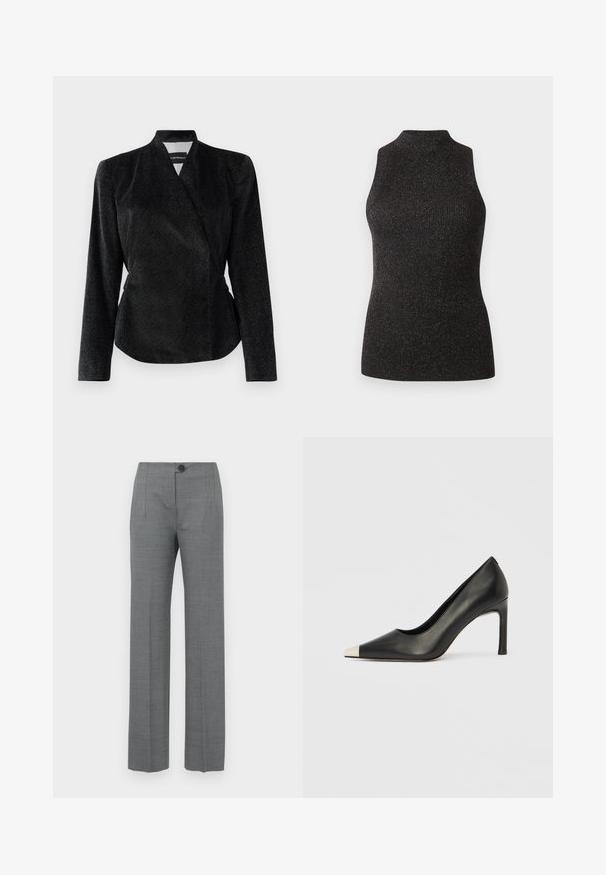 Must mustri, mustriga kudumiga must mähkimisstiilis jakk, millel on pikad varrukad ja sobiv siluett; nähtavaid kinnitusi pole.; CLOSED SLEEVELESS - Topp - black; Hallituspruunid õmblustasked pükste sirge jala disainiga, millel on nööpkinnastus, küljetaskud ja sile, tekstureeritud kangas.; Mustast nahast kõrge kontsaga king terava varba ja metallik hõbedase otsikuga. Iseloomustab sile viimistlus ja sihvakas 10 cm konts.