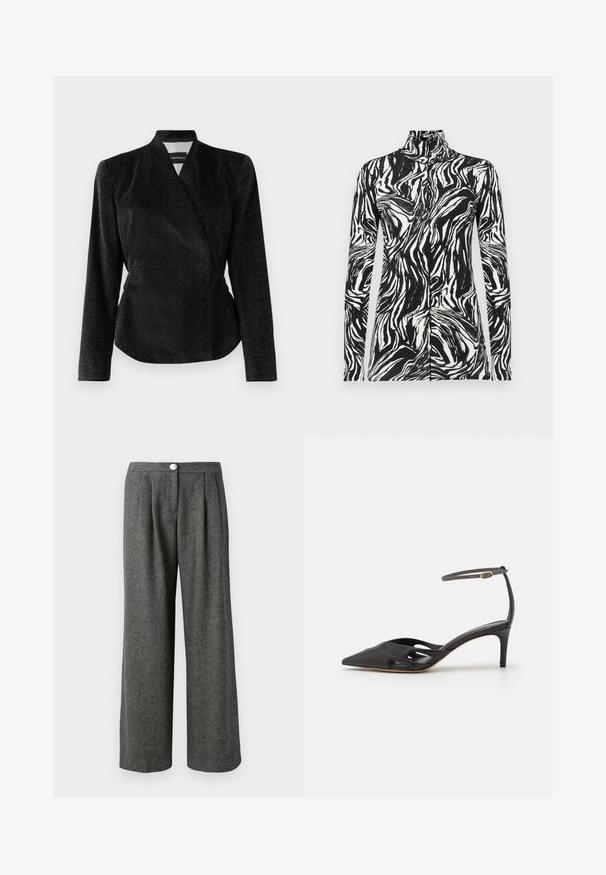 Sort wrap-jacket i tekstureret stof med subtil glans, lange ærmer og en tætsiddende silhuet; ingen synlige lukninger.; Langærmet sweater med høj hals, der har et sort/hvidt abstrakt bølget mønster, lavet af et let og glat stof.; Grå, vide benbukser i et struktureret hørmønster med frontfolder og en knaplukning i taljen.; Sort læder højhælet sko med spids tå, åbne sider og en tynd ankelrem med en lille guld detalje.