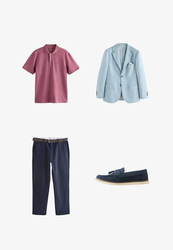 Lyseblå herreblazer med hakkede revers, to forreste knapper, klaplommer og et hvidt lommetørklæde i brystlommen.; Polo shirt i afdæmpet mauve, lavet af let bomuld. Har klassisk krave, tre knapper, korte ærmer og et lille broderet logo.; Marineblå bukser med lige ben med sidelommer og bælte i brunt læder, trukket gennem bæltestropper.; Navyblå læderloafer med tekstureret øvre kant, kvastdetalje, hvid sål og brun mellemsålestribe, vist fra venstre side.