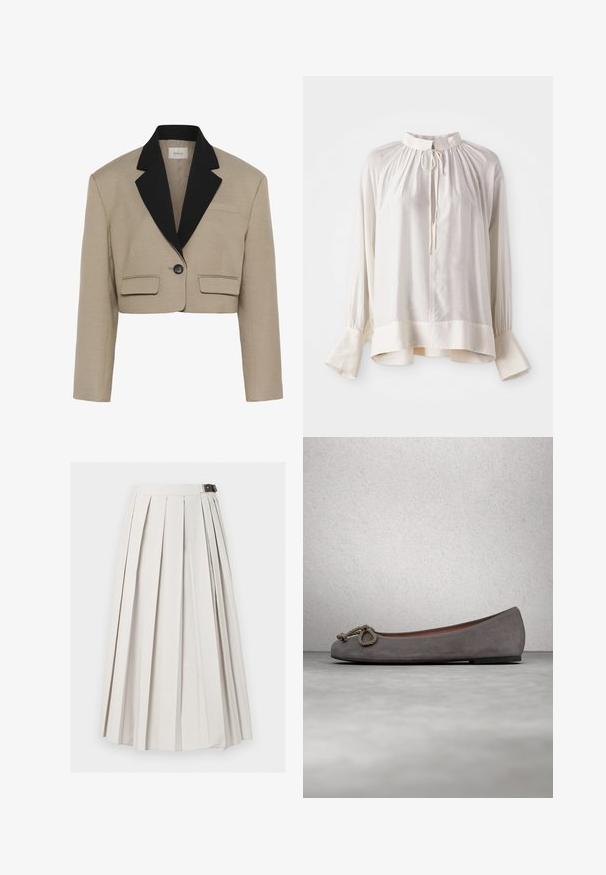 Blazer corto beige con mangas largas, solapas anchas negras, un solo botón negro y dos bolsillos frontales con tapa.; Blusa de seda blanca con un cuello alto, escote fruncido y mangas largas con puños acampanados y un sutil brillo.; Falda larga blanca plisada con cierre lateral de hebilla, mostrada plana sobre un fondo blanco.; Bailarinas de ante gris con puntera redonda, adorno de cuerda anudada y un sutil ribete en contraste a lo largo del borde. Suela plana y flexible.