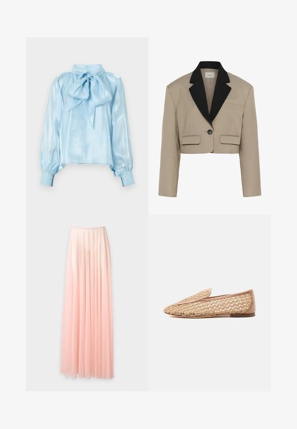 Beige cropped blazer med lange ærmer, sorte brede revers, en enkelt sort knap og to forlommer med klap.; Lyseblå satinv blouse med høj krave og stor sløjfedetalje ved halsen. Har pufærmede lange ærmer og tætsiddende manchetter. Glat tekstur.; Lang, plisseret, lyserød chiffon nederdel med elastisk talje, vist mod en ensfarvet hvid baggrund.; Beige vævet flad loafer med læderkant og lukket tå, vist mod en ensfarvet hvid baggrund.