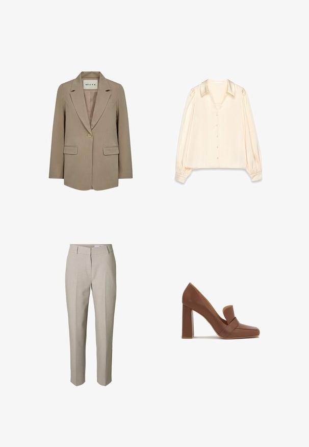 Beiger Damenblazer mit einem Knopf, Reverskragen mit Kerbe, zwei Pattentaschen und einem Etikett im Kragen mit der Aufschrift "IVY CPH."; Cremefarbene Seidenbluse mit V-Ausschnitt, Knopfleiste und Puffärmeln. Sie hat eine glatte Textur und cuffs an den Handgelenken.; Beige maßgeschneiderte Hose mit Gürtelschlaufen, einem vorderen Reißverschluss und gebügelten Bügelfalten an den Beinen, vor weißem Hintergrund dargestellt.; Braunes Lederhochzeitschuh mit quadratischer Spitze und einem breiten Riemen auf der Vorderseite. Der Absatz ist blockförmig und stabil.