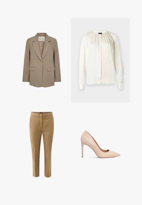 Blazer beige de mujer con un solo botón, solapas con muesca, dos bolsillos con solapa y una etiqueta dentro del cuello que dice "IVY CPH".; Blusa de manga larga en seda blanco roto. Presenta un escote redondo, suaves pliegues en los hombros y puños con botones. Textura suave y diseño minimalista.; Pantalones beige a medida de corte slim fit con cinturilla y pliegue frontal, diseñados para uso formal o de negocios.; Zapato de tacón alto de cuero beige con punta afilada y textura suave. Presenta un tacón de aguja delgado y un diseño de escote bajo.