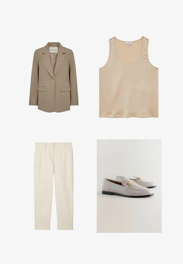 Bež värviga ühe nööbiga naiste pintsak, millel on sälklapiga krae, kaks lapitaskut ning krae sees silt, millel on kirjas "IVY CPH."; Reiss REGULAR FIT - Pluus - neutral; Marc O'Polo MODERN STYLE TAPERED LEG HIGH RISE WELT POCKET - Chino-püksid - chalky sand; Heledad hall hallide nagu nahast popmood, millel on terav nina, kuldse metallaksessuaari ja madala musta kontsaga. Sile tekstuur, minimalistik disain.