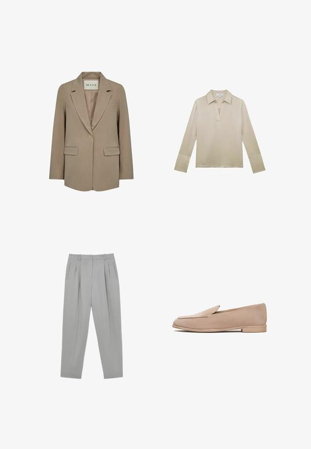 Beige dameblazer med enkelt knap, hakket revers, to klaplommer og en label inde i kraven med teksten "IVY CPH".; Beige bluse med lange ærmer, V-hals og manchetter med knapper, vist på hvid baggrund.; Lysegrå formelle bukser med frontplisser, sidelommer, bæltestropper og en tilspidset benform.; Beige ruskind loafers med flad sål, en diskret spids tå og minimal syning langs kanterne. Glat tekstur hele vejen rundt.