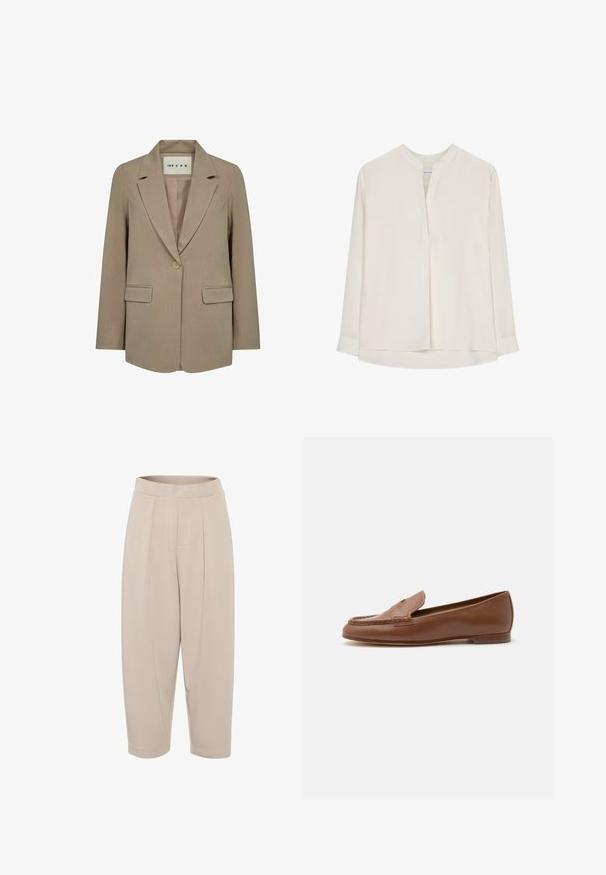 Blazer beige pour femme à un bouton avec revers crantés, deux poches à rabat et une étiquette à l'intérieur du col indiquant "IVY CPH".; Seidensticker SEIDENSTICKER TUNIKA SCHWARZE ROSE - Blouse - ecru; Pantalons beiges de mi-longueur en tissu doux. Comprend une taille large, des plis avant et des jambes fuselées avec des ourlets retroussés.; Mocassin classique en cuir marron avec petit talon et détail de bout moc cousu, présenté de profil sur fond blanc.