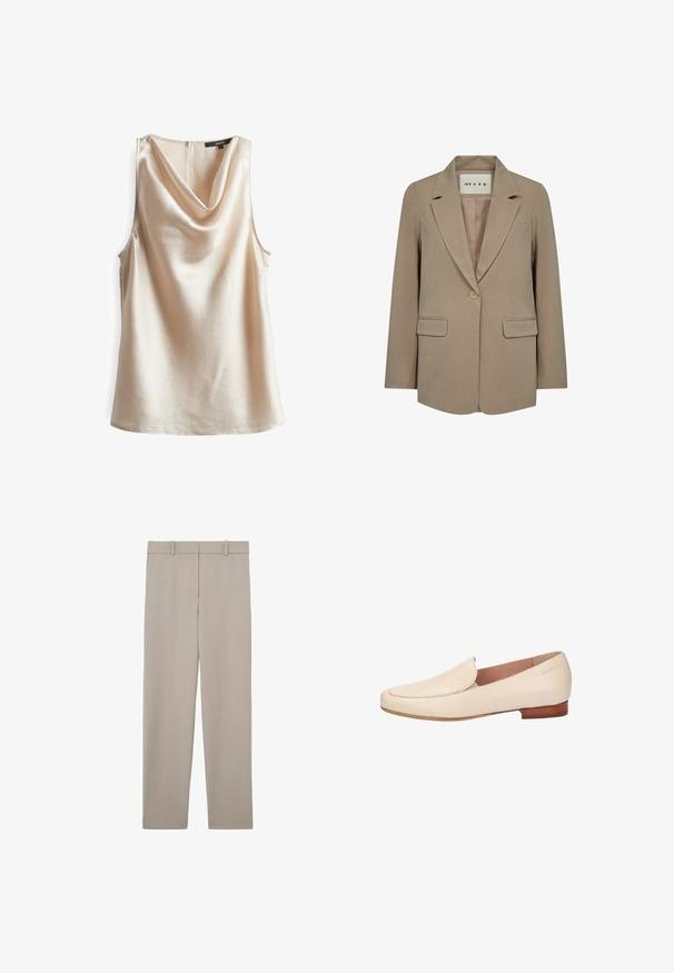 Beige damesblazer met één knoop, ingetogen revers, twee klepzakken en een label binnen in de kraag met de tekst "IVY CPH."; Mouwloze top met sjaalkraag in lichtbeige, van textuurstof met een subtiele glans. Heeft een ritssluiting aan de achterkant en een losse pasvorm.; Beige rechte broek met riemlussen en een strak, minimalistisch ontwerp, plat weergegeven op een witte achtergrond.; Beige leren loafer met een lage houten hak, afgeronde vierkante neus en een instapmodel.