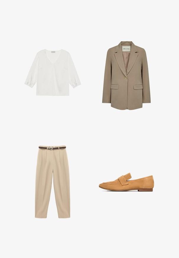 Beige damesblazer met één knoop, ingetogen revers, twee klepzakken en een label binnen in de kraag met de tekst "IVY CPH."; Witte blouse met lange mouwen, een diepe V-hals, zacht satijnachtig materiaal en gathered manchetten voor een relaxed fit.; Beige, high-waisted broeken van zachte stof, voorzien van een bruine riem met een metalen gesp, en voorplooien voor extra structuur.; Tan suède instappers met een platte hak, ronde neus en een gestikte band over de wreef voor een verfijnde afwerking.